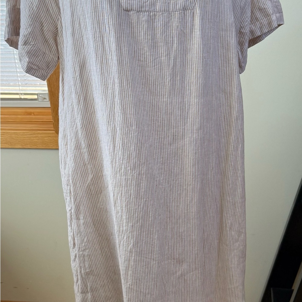 Striped Tan and White Linen Caftan, lined in cotton - Picture 3 of 10